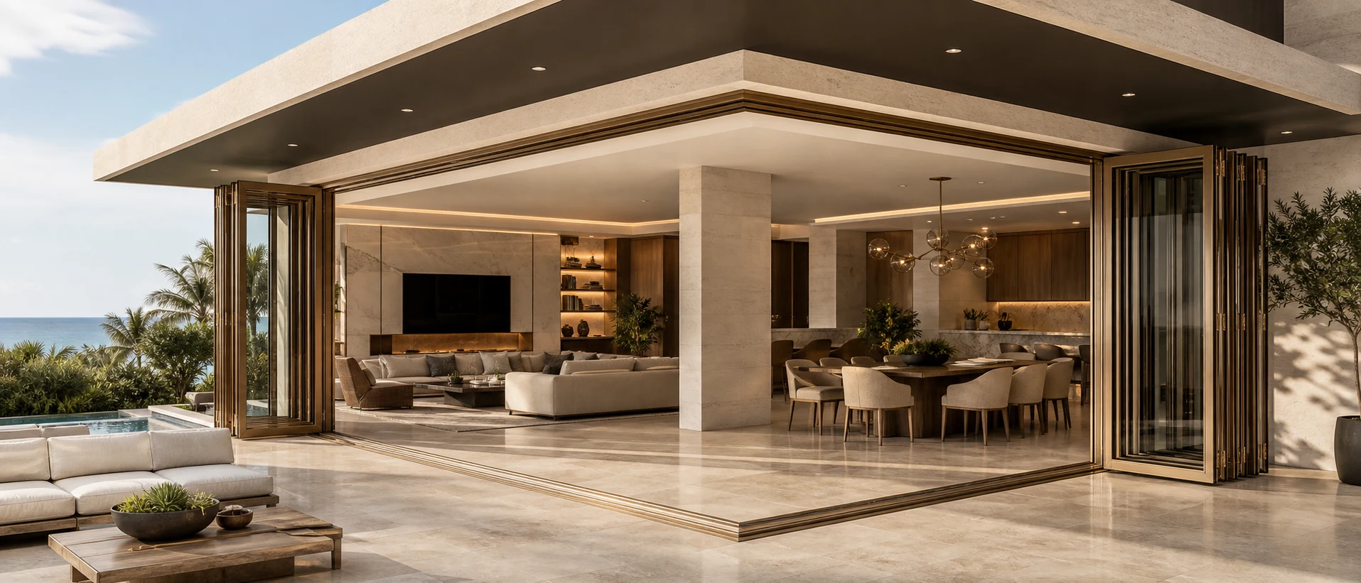 Champagne bronze LIKI folding glass wall system fully open at a cornerless luxury residence opening